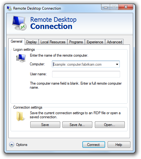 Terminal Services Connection Dialog